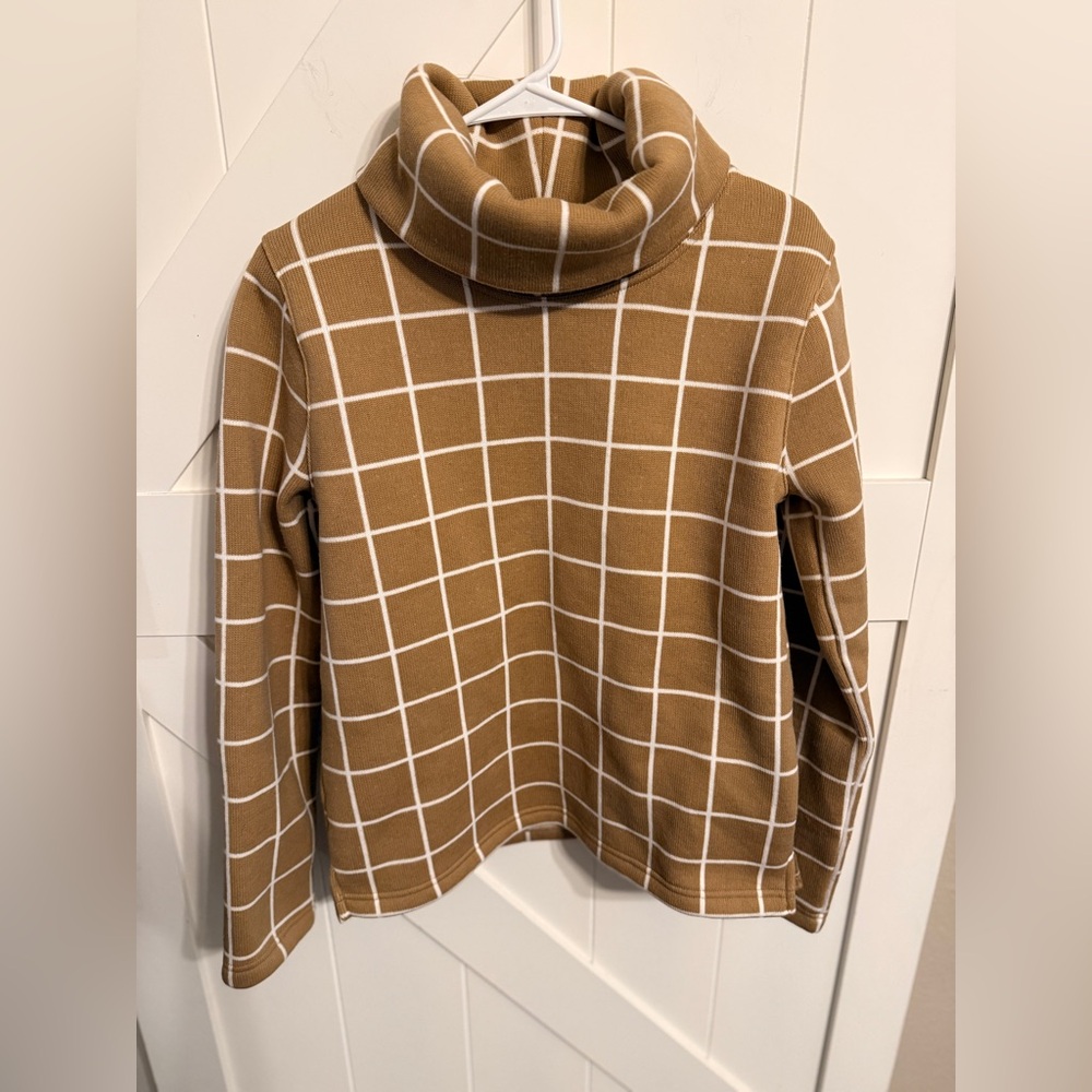 J. Crew Tan and White Checkered Funnel Turtleneck Sweater Fleece Lined So chic!